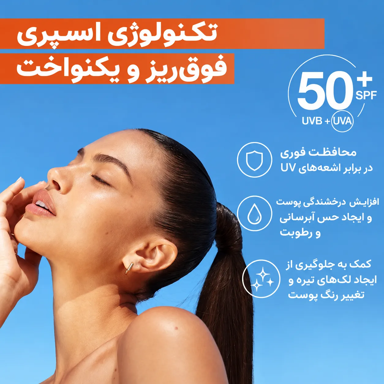 پوستر آبی معرفی فناوری اسپری فوق‌ریز گارنیر با تصویر زن و نشان SPF 50+ برای محافظت در برابر اشعه‌های UV